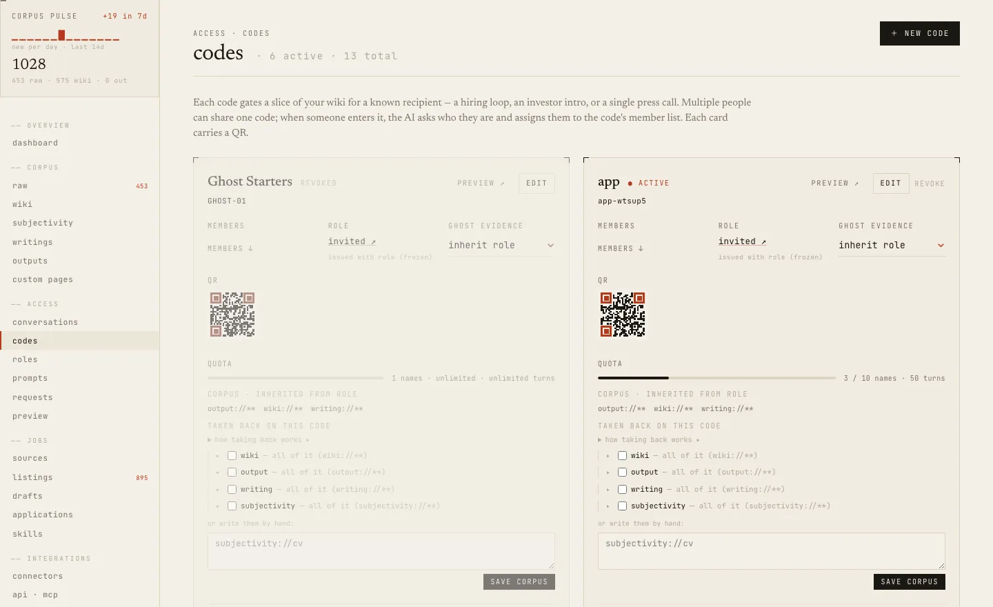La página de códigos de acceso del panel de StandMeet, con códigos QR, cuotas y alcances del corpus