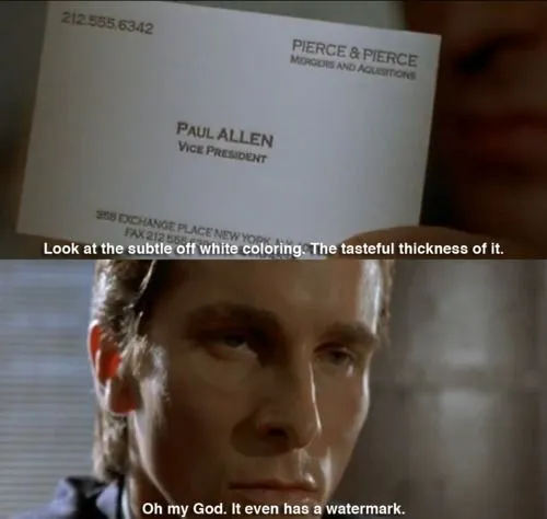 Still from American Psycho: Paul Allen’s business card and Patrick Bateman inspecting it